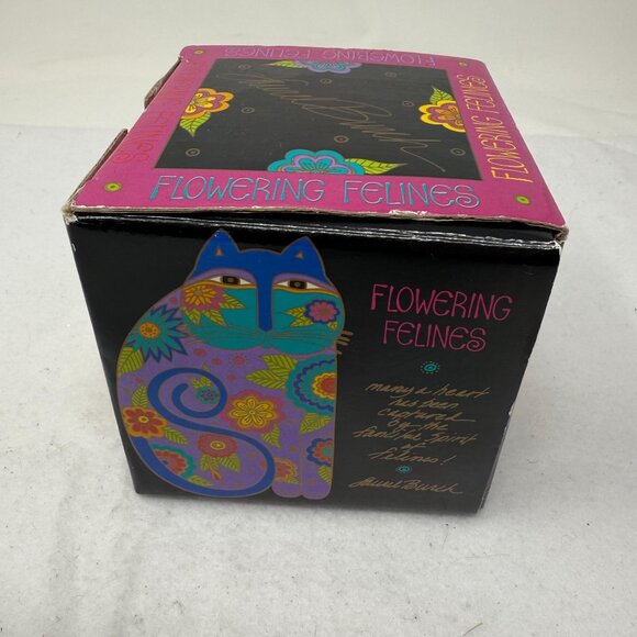 Laurel Burch Flowering Felines Cup 1993 Black Coffee Mug Colorful Cat Design Box - Picture 7 of 12
